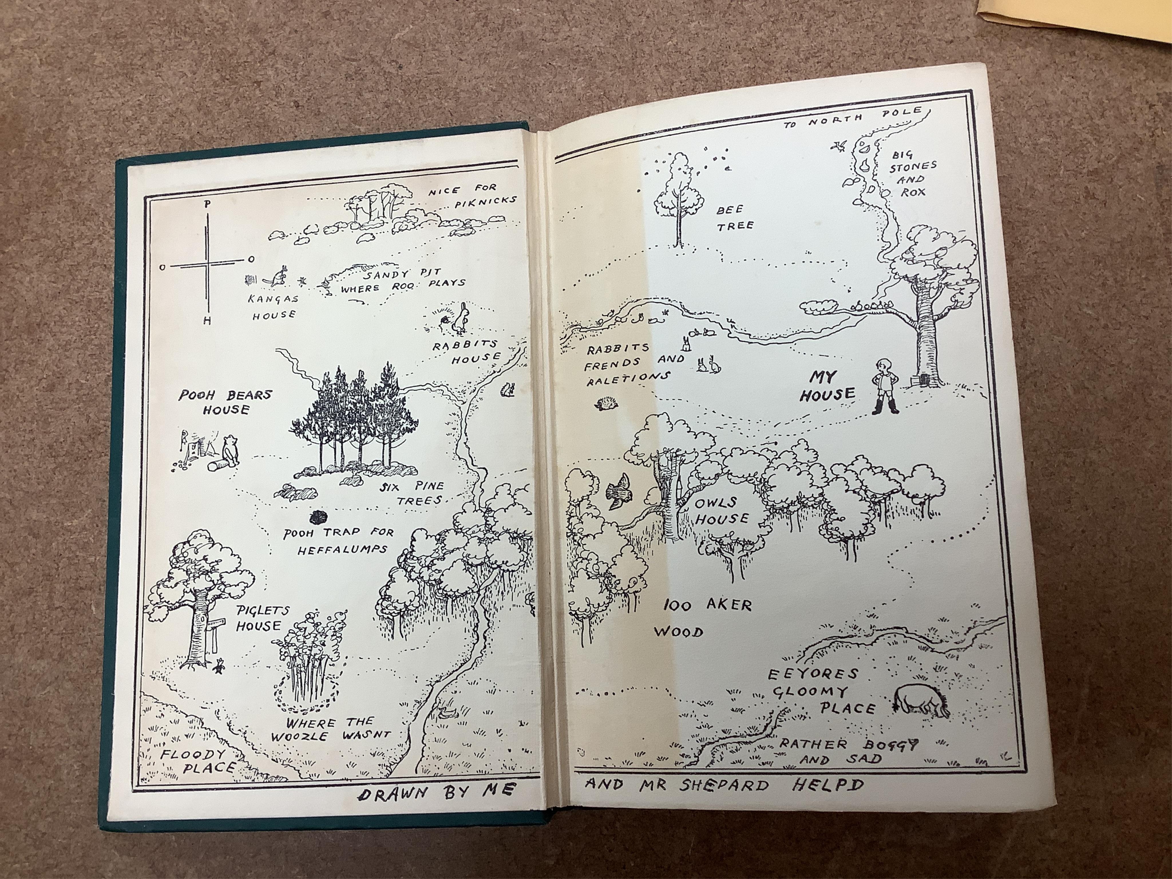 Milne, A.A. - Winnie-the-Pooh... with decorations by Ernest H. Shepard. First Edition. title and num. illus. (some full page), pictorial map on e/ps., half title; publisher's gilt ruled and pictorial green cloth, gilt to